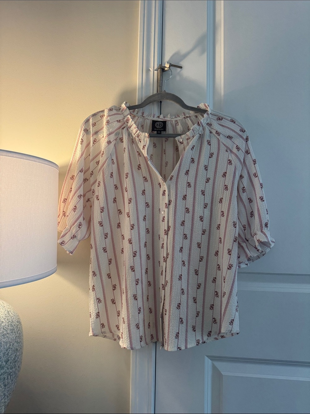 Pink-Patterned Cream Button-Front Blouse - Picture 1 of 3